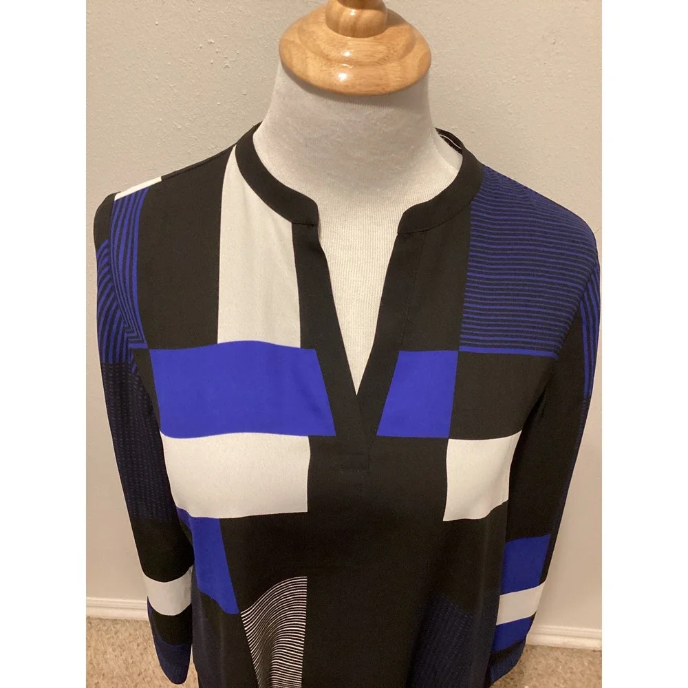 Chico's Geometric Colorblock Tunic Blouse‎ Blue Black White High Low Size 0 S